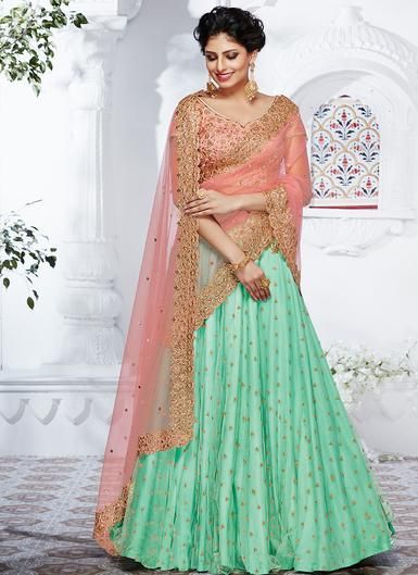 Light Sea Green and Peach Embroidered Net Lehenga Sea Green Lehenga, Satin Silk Lehenga, Dresses For Wedding Party, Green Lehenga Choli, Sari Lehenga, Silk Lehenga Choli, Lehenga Saree Design, Beautiful Bridal Dresses, Maggam Works