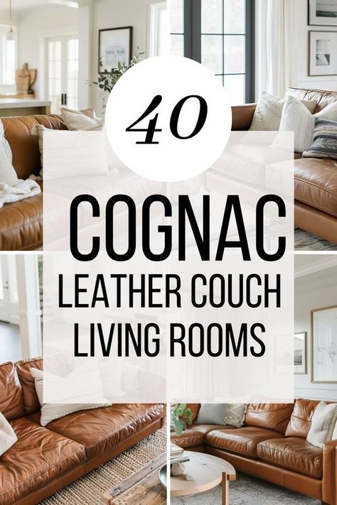 Explore 40 stunning ways to style your living room with a cognac leather couch. From chic and modern to warm and cozy, find the perfect look for your space and get inspired by the timeless elegance of cognac leather. Yellow Grey And Black Living Room, Leather And Rattan Living Room, Coffee Table For Leather Sectional, Pillows For Camel Leather Couch, Leather Couch Cabin Living Room, Leather Sectionals For Large Living Rooms, Modern Farmhouse Leather Sectional, Home Couch Ideas, Mixing Leather And Fabric Sofas