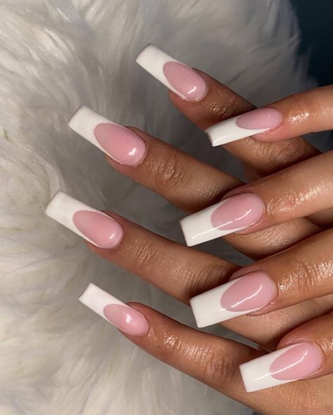 Pink acrylic with white french tip. Pink Acrylic White Tip Nails, Pink Acrylic With White Tip, Birthday Nails White And Pink, Pink Base White Tip Nails, Pink Powder French Tip Nails, Pink And White French Tip Nails Square, White French Tip Nails With Pink, White French Tip Pink Base, French With Pink Base