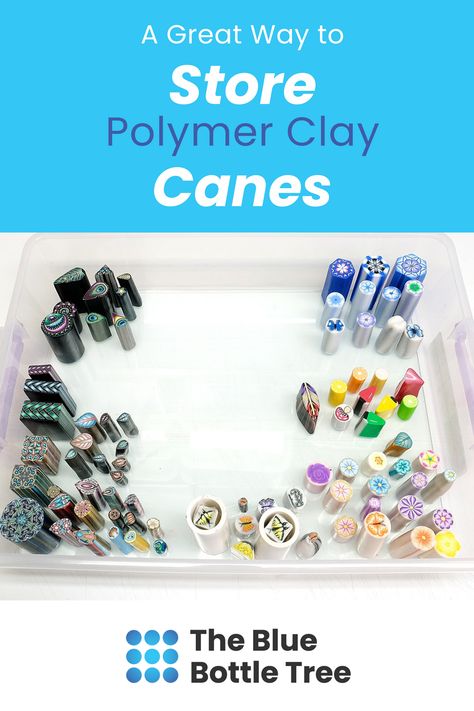 Polymer Clay Storage Ideas, Blue Bottle Tree, Clay Cane Tutorial, Cheap Picture Frames, Polymer Clay Tips, Working With Polymer Clay, Polymer Clay Cane Tutorial, Scrapbook Box, Clay Tips