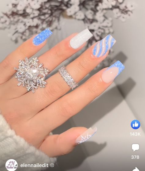 Winter Nail Sets Blue, Cute Winter Acrylic Nails Coffin, Winter Acrylic Nail Designs Coffin, Christmas Acrylic Nails Glitter, Baby Blue And White Christmas Nails, Simple Holiday Nails Acrylic Square, Christmas Nails Ideas 2023, Baby Blue Holiday Nails, Winter Nails Light Blue And White