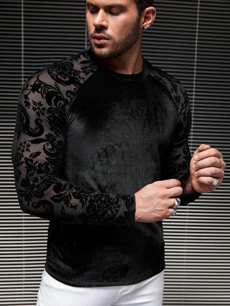 Over Shirt Outfit Men, Mens Mesh Top, Over Shirt Outfit, Shirt Outfit Men, Velvet Tees, Over Shirt, Futuristic Fashion, Goth Fashion, Long Sleeve Knit