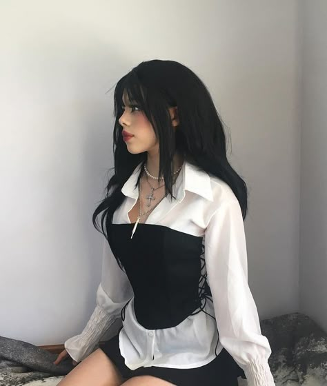 Fashion Outfit Corset White Black Aesthetic Cute Girl Grunge E-Girl Clothing Clothes Fashionable Cross White Dress With Black Corset, Black Corset Outfit, White Dress With Black, Corset Fashion Outfits, White Shirt Outfits, Corset Outfit, Dress With Corset, Corset Fashion, Long Sleeve Outfits