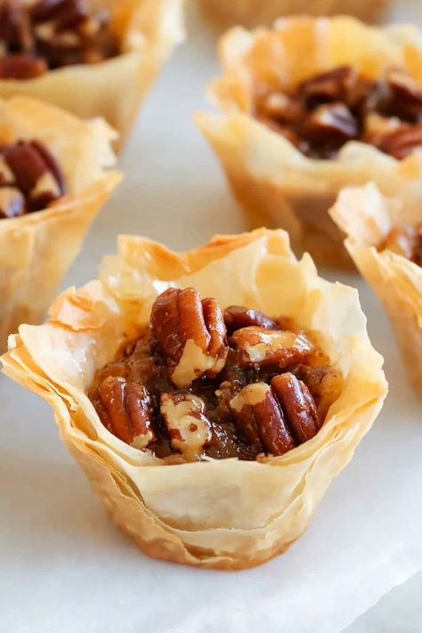 Quick Pecan Pie Phyllo Cups Phyllo Dough Recipes Dessert, Phylo Pastry Recipes, Philo Dough, Caramelized Pecans, Pecan Bites, Phyllo Dough Recipes, Homemade Pecan Pie, Best Pecan Pie, Phyllo Cups