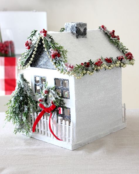 DIY Vintage-Inspired Christmas Glitter House - Tonality Designs Diy Christmas Village Houses, Diy Christmas Shadow Box, Putz Village, Craft Houses, Xmas Village, Christmas Dollhouse, Glitter House, Village Ideas, Diy Christmas Village