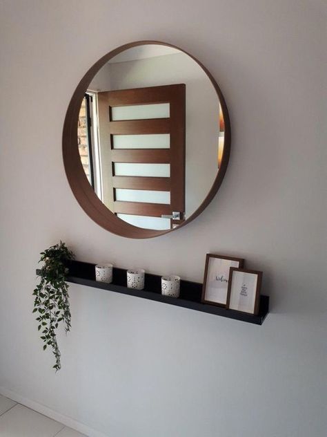 Entryway ideas. Hallway Mirror With Shelf, Picture Shelf With Mirror, Hallway Mirror And Shelf, Shelf Under Round Mirror, Picture Ledge With Mirror, Floating Shelf Decor Hallway, Floating Shelf Under Mirror, Stockholm Ikea Mirror, Wall With Mirror And Pictures