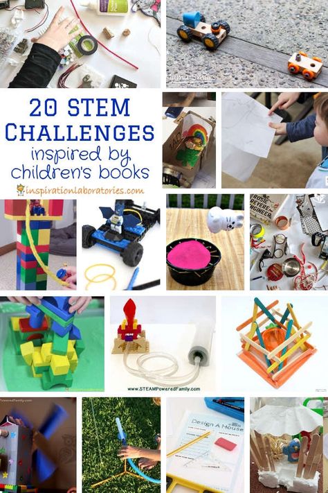 Check out this awesome collection of STEM challenges inspired by children's books. Read a book and get to work on a STEM problem. Kids Stem Activities, Summer Stem, Easy Stem, Stem Lesson, Engineering Challenge, Stem Classroom, Challenges Activities, Engineering Projects, Stem Challenges