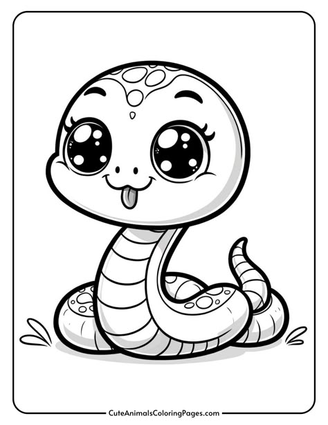 Cute cartoon snake with large eyes and a playful expression, featuring a coiled body and a tongue sticking out. Ideal for coloring pages and children's activities. Snakes Coloring Pages, Snake Colouring Pages, Snake Clipart Black And White, Snake Cute Drawing, Snake Drawing Sketches, Snake Template, Animal Coloring Pages Free Printable, Snake Clipart, Cute Animals Coloring Pages