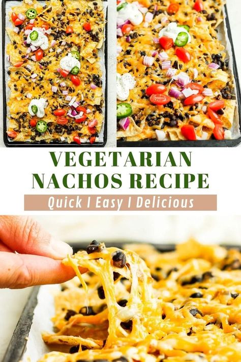 This Vegetarian Nachos Recipe is a delicious weeknight dinner or party appetizer that whips together in less than 30 minutes! These veggie nachos are cheesy, loaded with toppings, and irresistibly crunchy. Nachos are one of the greatest food inventions. Crispy chips are pretty great on their own, but when you load them up with toppings and put them in the oven they become something magical – the ultimate appetizer! Veggie Nachos Vegetarian, Vegetarian Nachos Recipe, Loaded Nachos Recipe, Veggie Nachos, Entree Ideas, Baked Nachos, Vegetarian Nachos, Nacho Toppings, Meals Without Meat