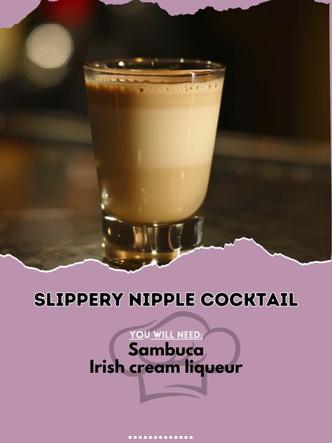 🥃 Enjoy the Slippery Nipple Cocktail! 🥃 #SlipperyNipple #CreamyDelight Slippery Nipple Cocktail Ingredients: Sambuca (1 oz) Irish cream liqueur (1/2 oz) Instructions: Pour Sambuca into a shot glass. Layer Irish cream liqueur on top using the back of a spoon. Indulge in this smooth and creamy cocktail! 🥃✨ #RecipeInspire #LayeredCocktail #Cheers Salted Nut Roll Shot Recipe, Sambuca Shots, Vanilla Liqueur Cocktails, Kahula & Baileys Pudding Shots, Pavan-liqueur Cocktails, Creamy Cocktails, Cocktail Party Food, Irish Cream Liqueur, Yummy Alcoholic Drinks