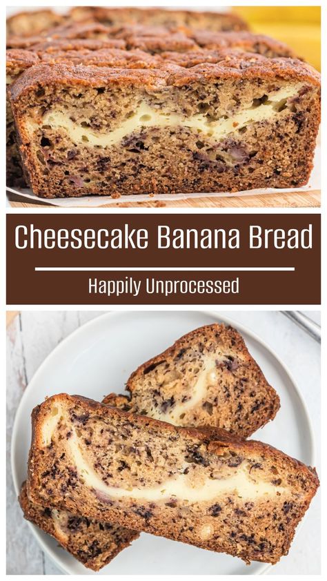 Banana Bread stuffed with a cream cheese filling in slices on a cutting board Cheesecake Banana Bread, Banana Bread Cheesecake, Bread Uses, Cheesecake Banana, Banana Bread Ingredients, How To Make Cheesecake, Gluten Free Banana, Best Banana Bread, Baked Banana