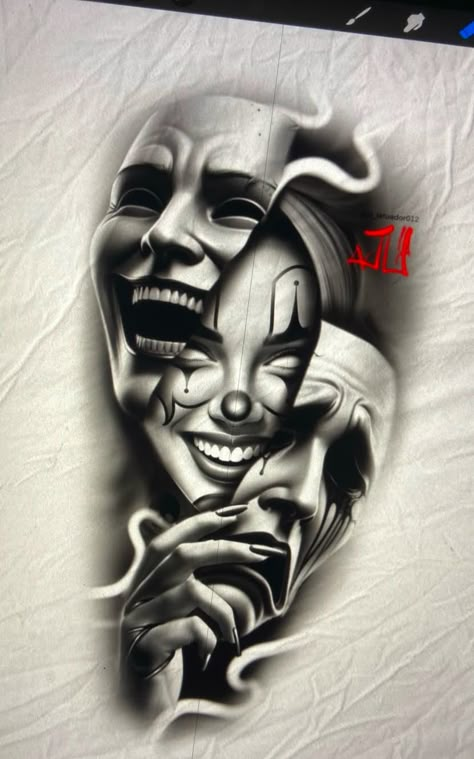 Chicano Sleeve Tattoo For Men, Laugh Now Cry Later Sleeve, Twoface Tattoo, Smile Now Cry Later Design, Clown Mask Tattoo, Laugh Now Cry Later Mask, Dark Realism Tattoo Design, Clown Chicano Art, Smile Now Cry Later Chicano