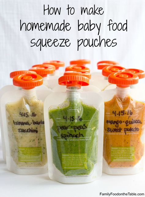 How to make homemade baby food pouches and 5 easy recipes featuring fruits, vegetables and whole grains - great for babies, toddlers and preschoolers! Food Pouch Recipes, Pouch Recipes, Perlengkapan Bayi Diy, Baby Food Pouches, Diy Baby Food, Baby Food Pouch Recipes, Baby & Toddler Food, Healthy Baby Food, Baby Puree