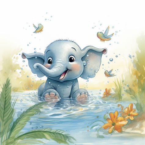 Step into a world of enchantment with this delightful cartoon illustration featuring a bubbly baby elephant. The adorable baby elephant takes center stage, exuding innocence and playfulness. Watch as it gleefully splashes in a vivid pond, creating ripples of joy that resonate throughout the scene. Resolution: 5529px X 5529px - This is a DIGITAL DOWNLOAD, no physical frame or poster will be shipped. Baby Elephant Art, Baby Elephant Cartoon, Baby Elephants Art, Cute Elephant Cartoon, Elephant Cartoon, Elephant Print Art, Mini Scrapbook Album, Elephant Illustration, Cartoon Elephant