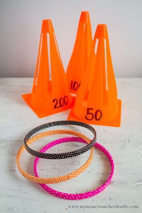 Good old fashioned Ring Toss! Here is an easy tutorial for making your own game! Perfect for some great family fun! | mynameissnickerdoodle.com Homemade Ring Toss Game, Halloween Ring Toss Game Diy, Ring Toss Game Diy How To Make, Home Made Carnival Games, Preschool Carnival Games, At Home Carnival Games, Carnival Games Kids, Ring Toss Game Diy, Diy Carnival Games For Kids