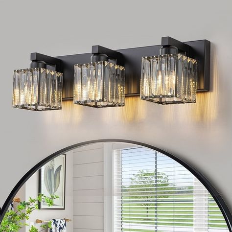 Modern Black Bathroom Lighting, Elegant Half Bathroom Ideas, Bathroom Lighting Ideas Vanities, Chandelier For Bathroom, 5 Light Bathroom Vanity Light, Bathroom Vanity Lighting Ideas, Bathroom Sink Light, Black Bathroom Light Fixtures, Modern Black Bathroom