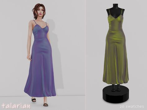 Sims Dresses, 00s Dress, Sims 4 Clothing Sets, Y2k Prom Dress, Cc Clothing, Floral Satin Dress, Iridescent Dress, Long Slip Dress, Aesthetic Dress