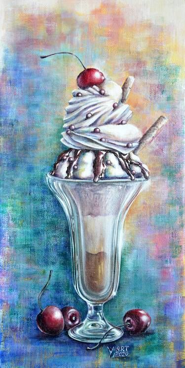 Dessert Illustrations, Dessert Painting, Painting For Kitchen, Pointalism Art, Ice Cream Painting, Cherries Painting, Cake Painting, Tiny Paintings, Italian Ice Cream