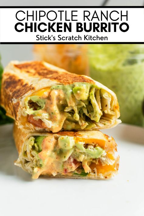 Stack of chipotle ranch grilled chicken burritos on a white plate. Struggle Meals, Chipotle Ranch, Tortilla Strips, Avocado Ranch, Chicken Burrito, Burritos Recipe, Chicken Burritos, Wontons, Chapati