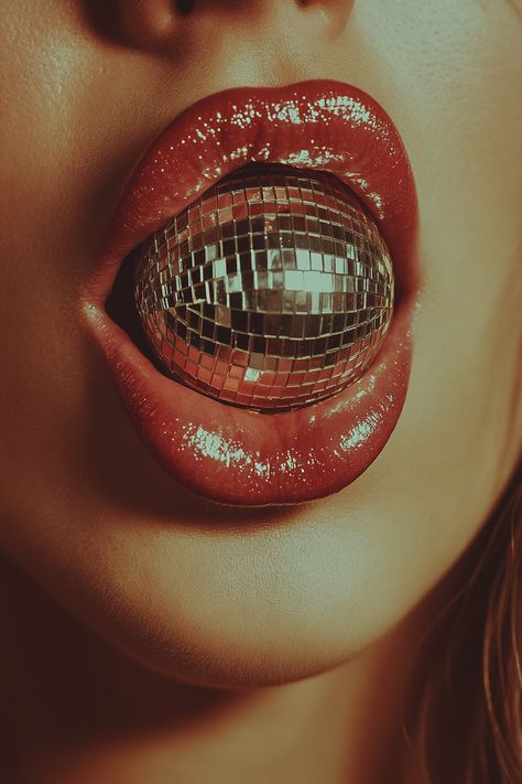 ✨🎤 Dive into the vibrant world of retro vibes with this stunning album cover! 🎶💃 The close-up of a singer's mouth, featuring a tiny disco ball resting on her tongue, perfectly captures that playful, fearless spirit of vintage music. 🌟🎉 Embrace the nostalgia and let the music take you on a journey! 💖✨ #VintageStyle #MusicMagic #DiscoVibes #RetroAlbumCover... Vintage Disco Ball Aesthetic, Pink Album Covers, Tiny Disco Ball, Disco Photoshoot, Disco Glamour, Music Graphics, Disco Aesthetic, Disco Vibes, Disco Diva