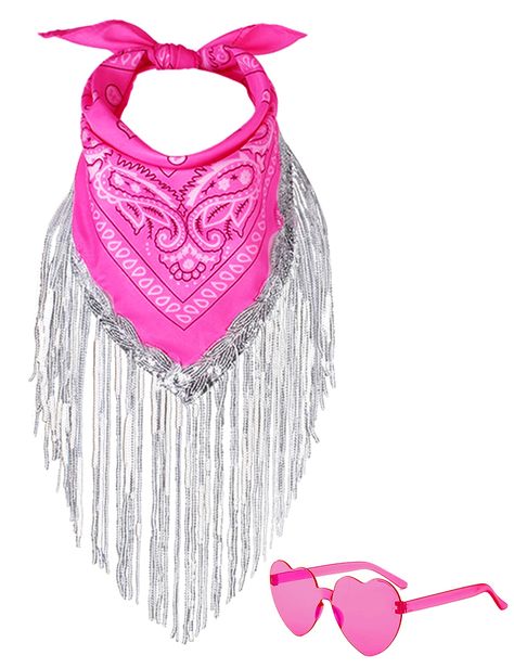 PRICES MAY VARY. 100% Cotton Imported Belted closure Hand Wash Only Application: The disco cowgirl fringe pink bandanas for different occasions, like nashville bachelorette party decorations, school events, holidays home decoration, etc. Packaging: You will receive a fringe bandana and a pair of Heart Sunglasses with the same color. We have four colors to choose from: pink bandana, black bandana, white bandana, red bandana. High Quality: Our bandanas for women disco cowgirl bachelorette outfit i Gyaru Cowgirl Hat, Neon Pink Cowgirl Hat, Pink Cowgirl Hats Party, Space Cowgirl Bandana, Disco Cowgirl Belt, Disco Sunglasses Bachelorette, Nashville Bachelorette Party Bandanas, Bachelorette Chaps, Country Bachelorette Party Sash