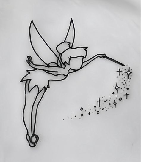 Tinkerbell Tattoo Traditional, Fairy God Mother Tattoo, Tinkerbell Tattoo Outline, Tinkerbell And Peter Pan Tattoo, Tinkerbell Senior Parking Spot, Tinker Bell Tattoo Design, Tinkbell Tattoo, Cool Tattoo Design Drawings, Tiny Tinkerbell Tattoo