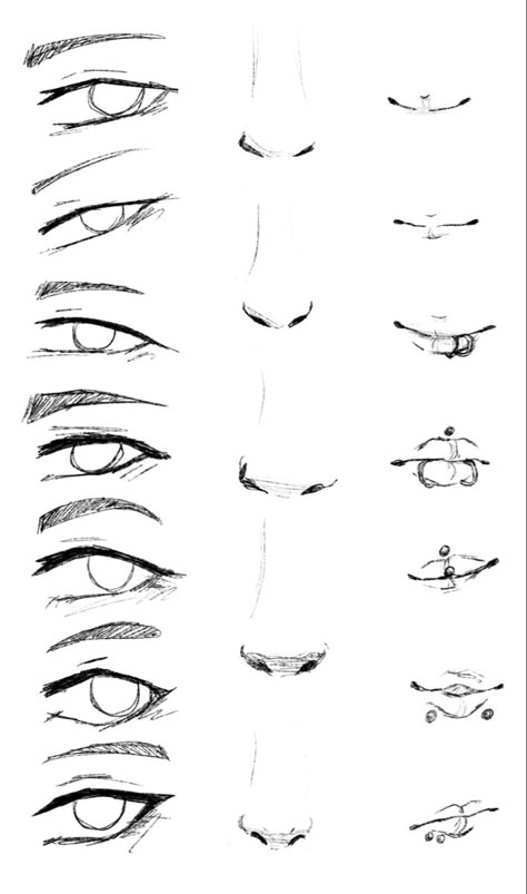 Anime Nose, Eye Drawing Tutorials, Mouth Drawing, Drawing Tutorial Face, Nose Drawing, Lips Drawing, Drawing Expressions, Anime Eye Drawing, Anatomy Drawing