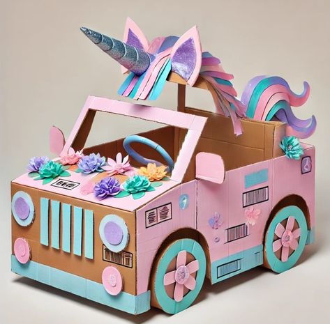 Unicorn Box Car, Cardboard Box Car Ideas For Kids, Cardboard Box Car, Car Box, Box Cars, Cardboard Car, Christmas Savings, Polar Express, Cat Diy