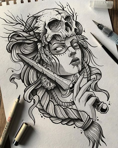 Viking Drawings, Female Warrior Tattoo, Valkyrie Tattoo, Witch Tattoo, Nordic Tattoo, Warrior Tattoo, Tattoo Style Drawings, Tattoo Art Drawings, Custom Tattoo Design