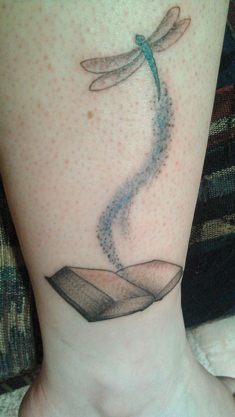 my tattoo: dragonfly soaring out of an open book. Dragonfly Book Tattoo, Tattoo Dragonfly, An Open Book, Book Tattoo, Foot Tattoo, Open Book, My Tattoo, Dragonflies, Infinity Tattoo