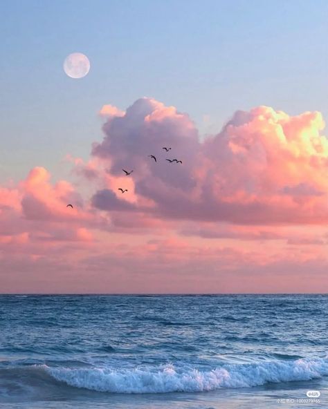 Seascape Photography Beach, Moon Over Ocean, Cloud Painting Acrylic, Drawing Sunset, Beach Sunset Painting, Sky Art Painting, Pink Skies, Seascape Photography, Ocean Landscape