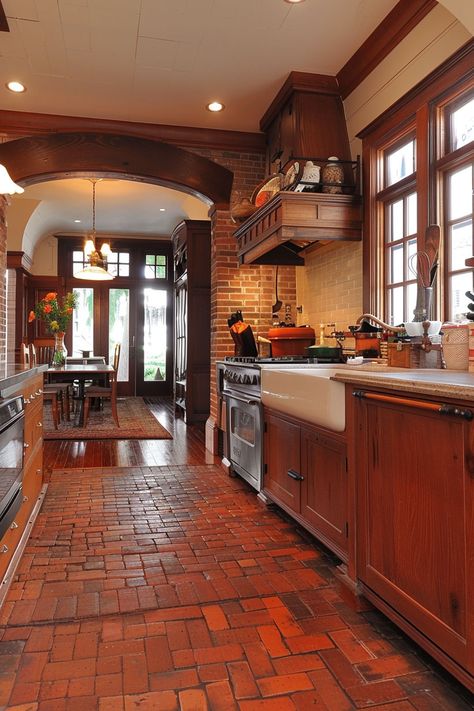 1920s Kitchen Flooring Ideas and Options for a Captivating Space - HomeAddons Red Brick Kitchen, Brick Floor Kitchen, 1920s Kitchen, Kitchen Flooring Options, Kitchen Flooring Ideas, Brick Kitchen, Brick Flooring, The Roaring Twenties, Kitchen Floor Tile