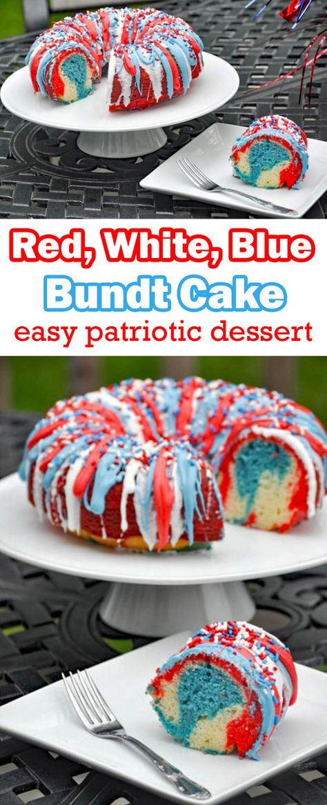 patriotic desserts | red white and blue bundt cake | red white blue cake #4thofjuly #memorialday #cake #dessert #recipe #patrioticideas Blue Bundt Cake, Red White Blue Cake, Red White And Blue Cake, Cake Mix Ingredients, Patriotic Food, Patriotic Desserts, 4th Of July Cake, American Holidays, Blue Desserts