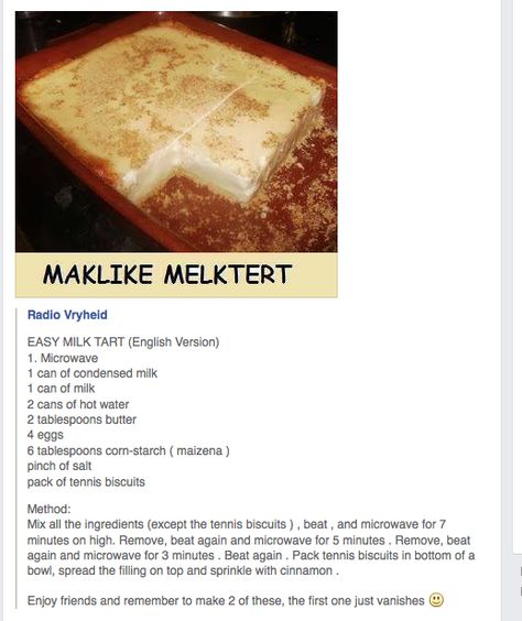 Melktert Recipe, Milktart Recipe, Tea Scones Recipe, Crunchie Recipes, Milk Recipes Dessert, Apple Cake Recipe Easy, Milk Tart, Chocolate Frosting Recipes, Jello Recipes