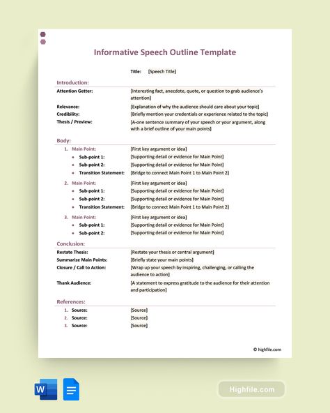 Informative Speech Outline Template - Word | Google Docs - Highfile Informative Speech Outline, Paragraph Format, Brainstorming Graphic Organizer, Informative Speech, Speech Outline, Outline Template, Supporting Details, Graphic Organizer, Business Communication