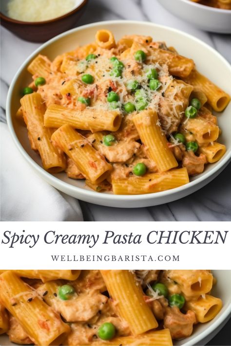 Chicken Rigatoni Recipes, Spicy Chicken Rigatoni, Penne Rustica, Pasta Rigatoni, Chicken Rigatoni, Spicy Chicken Pasta, Chicken Peas, Rigatoni Recipe, Tomato Sauce Chicken