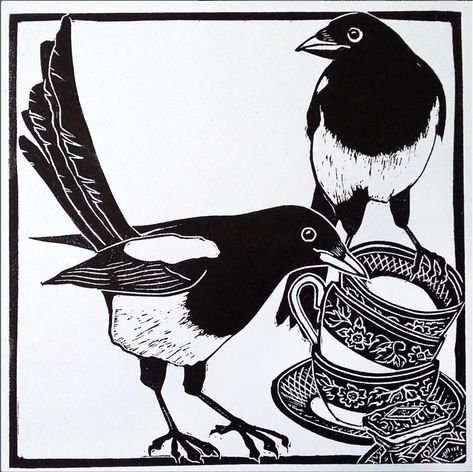 May your day be filled with good fortune today! Every one of our bandanas features a pair of magpies since spotting them together is considered good fortune. Plus, magpies are well known for their bold personality and intelligence, which is something we want to celebrate and inspire. We love this linocut by @carolynne.c titled The Magpies Who Came to Tea (Two for Joy) #everydaywardrobe #bandana #bandanaselevated #magpie Magpie Illustration, Magpie Drawing Illustration, Magpie Folk Art, Magpie Linocut, Magpie Lino Print, Blackbird Linocut, Magpie, Lino Print, Xmas Cards