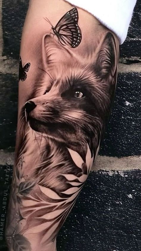 Fox Owl Tattoo, Fox Eyes Tattoo, Woodland Scene Tattoo, Gothic Fox Tattoo, Black Squirrel Tattoo, Fox Tattoo Realistic, Fox Tattoo Sleeve, Stag Tattoo Design, Symmetrical Tattoos