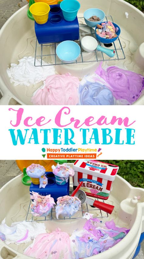 Ice Cream Water Table - Happy Toddler Playtime Water Table Ideas For Toddlers, Water Table Ideas, Water Table Activities, Easy Kid Activities, Play Based Learning Activities, Easy Toddler Activities, Baby Activities, Baby Learning Activities, Water Projects