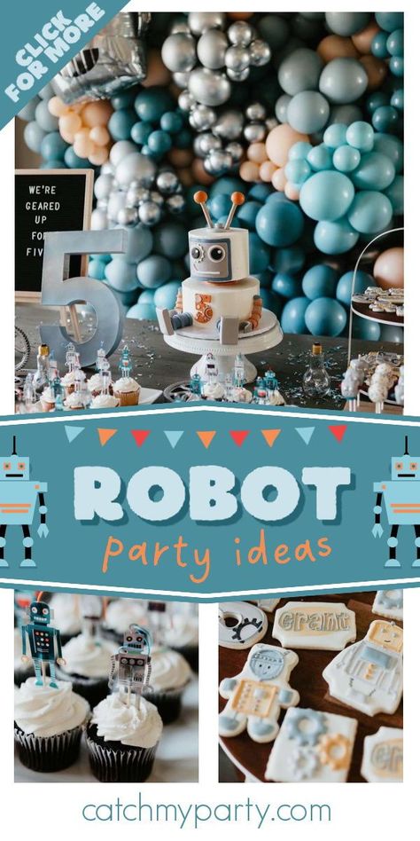 Space Robot Birthday Party, Wild Robot Birthday Party, Robot Birthday Party Cake, Robot Birthday Ideas, Robot 2nd Birthday Party, Robot Food Ideas, Robot Birthday Party Food, 3 Rd Birthday Party Ideas Boy Themes, Robots Birthday Party