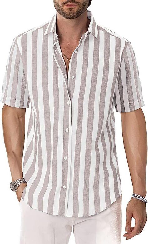 DELCARINO Mens Casual Short-Sleeved Shirt Vertical Stripe Stylish Cotton Linen Shirt Outfit Lelaki, Vertical Stripes Shirt Men, Mens Linen Shirts Casual, Short Sleeve Shirt Outfit, Boyfriend Summer, Gents Shirts, Mens Half Sleeve, Striped Shirt Men, Smart Casual Shirts