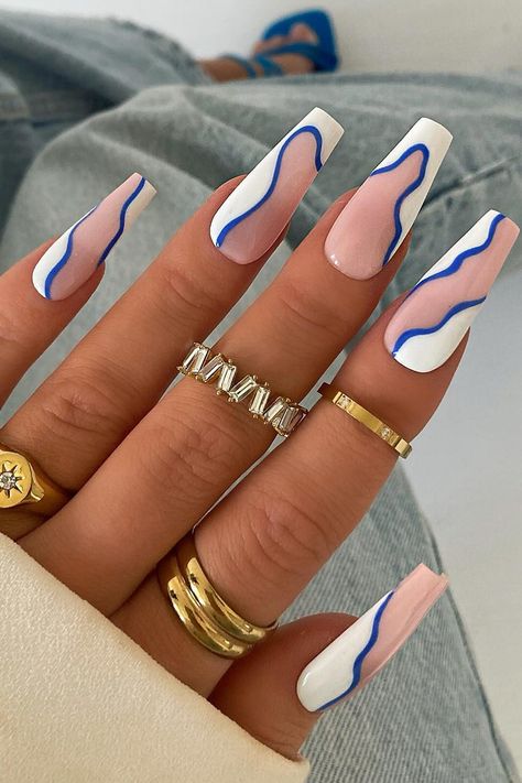 Is it even January without some January blues 💙🦋 Nail Ideas Blue And White, Blue And White Nails, Awesome Nails, Girly Acrylic Nails, Acrylic Nails Coffin Short, Nails Summer, Pink Nail, Xmas Nails, Luxury Nails