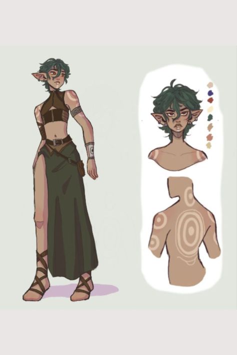 Forest Clothing Concept Art, Poses Fantasy Drawing, Elfs Outfits, Elf Oc Outfit, Jungle Outfit Drawing, Character Art Nonbinary, Nature Clothes Drawing, Oc Tattoo Drawing, Dnd Oc Drawing