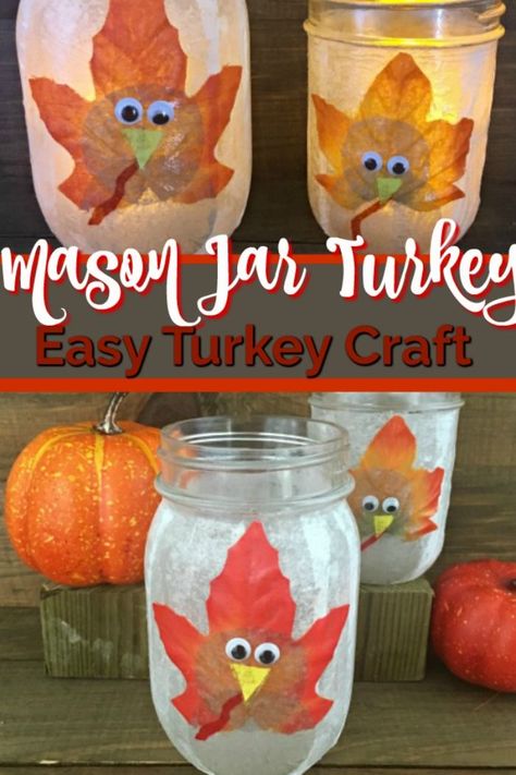 Light up the Thanksgiving decorations with the Mason Jar Turkey! These little mason jar turkeys can be used for fresh flowers or candles on the Thanksgiving table. #masonjarturkey #thanksgivingdecoration #turkeycraft #masonjarcraft #lightedmasonjarcraft Mason Jar Craft, Diy Thanksgiving Crafts, Turkey Decor, Thanksgiving Dinner Table, Turkey Crafts, Turkey Craft, Thanksgiving Crafts For Kids, Craft Lights, Diy Thanksgiving