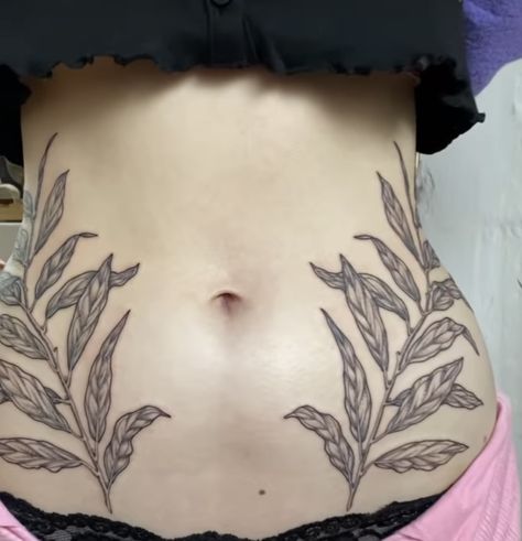 Lower Back Symmetrical Tattoo, Flattering Stomach Tattoo, Leaf Hip Tattoo, Flower Stomach Tattoos, V Line Tattoos, Upper Thigh Tattoos, Belly Tattoo, Creepy Tattoos, Jesus Love