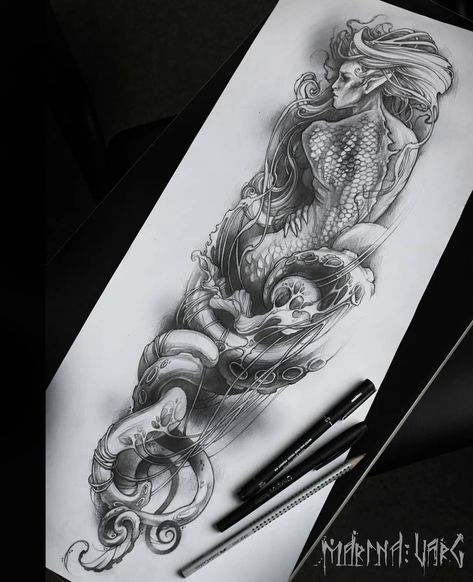 Female Posiden Tattoo, Siren Leg Sleeve Tattoo, Sea Queen Tattoo, Zombie Mermaid Tattoo, Creepy Mermaid Tattoo, Siren Pictures, Dark Mermaid Tattoo, Sea Monster Tattoo, Beautiful Disaster Tattoo