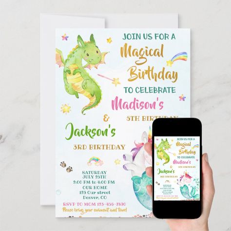 Mermicorn and Dragon birthday invitation for twins Dragons And Unicorns Party, Unicorn Dragon Birthday Party, Dragon And Unicorn Birthday Party, Fairy And Dragon Birthday Party, Unicorn And Dragon Birthday Party, Unicorn And Dragon Party, Boy And Girl Birthday Party, Dragon And Unicorn, Unicorn And Dragon