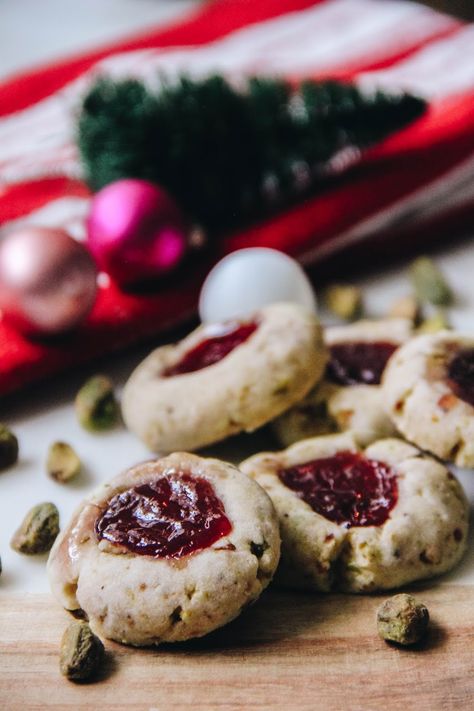 Pistachio Raspberry, Raspberry Thumbprint Cookies, Jam Thumbprint Cookies, Ricotta Cookies, Pistachio Cookies, Jam Cookies, Christmas Tree Cookies, Ice Cream Cookies, Thumbprint Cookies