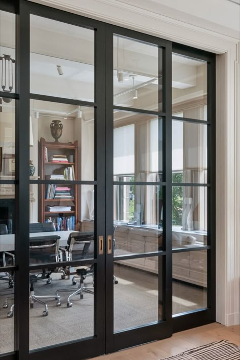 Raydoor pocket doors eliminate the need by handling the guiding of the door with a floor guide that exists only in the pocket. As the door extends outward from the pocket, Home Office Doors, Office Doors, Sliding Pocket Doors, Office Remodel, Glass Doors Interior, Office Door, Pocket Doors, New Office, Home Office Design