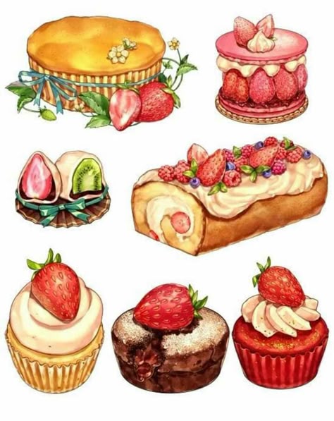 Cupcakes Illustration, Desserts Drawing, Cupcake Illustration, Dessert Illustration, Cake Drawing, 귀여운 음식 그림, Food Artwork, Food Sketch, Food Illustration Art